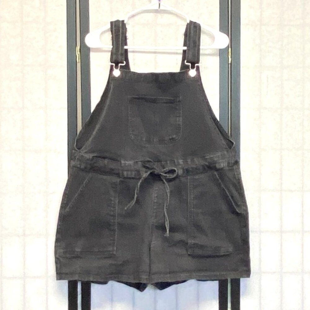 Maurices Black Denim Shortalls XL Tie Waist Bib Overalls Faded Summer Style